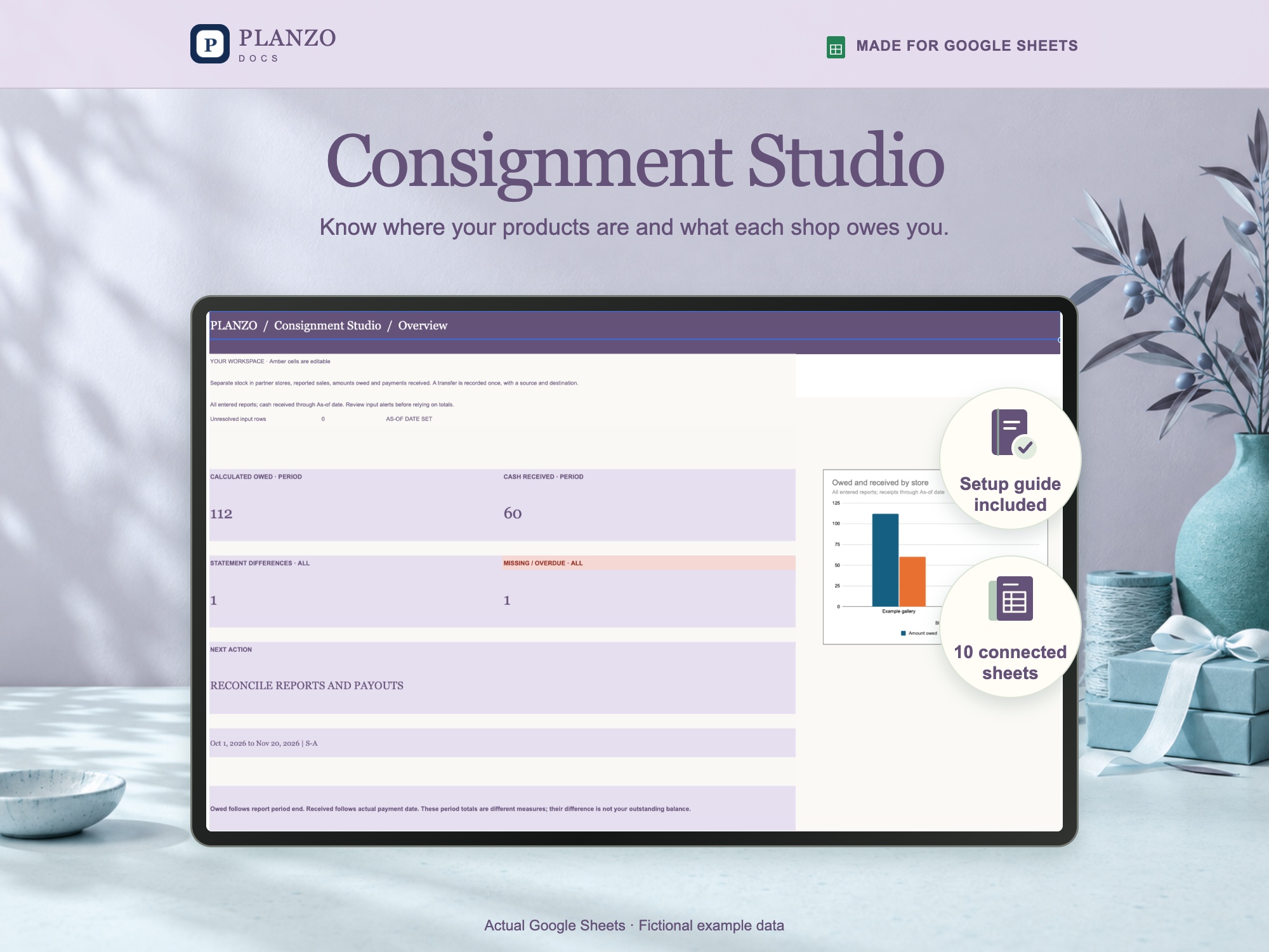 Consignment Studio Google Sheets template; fictional example data