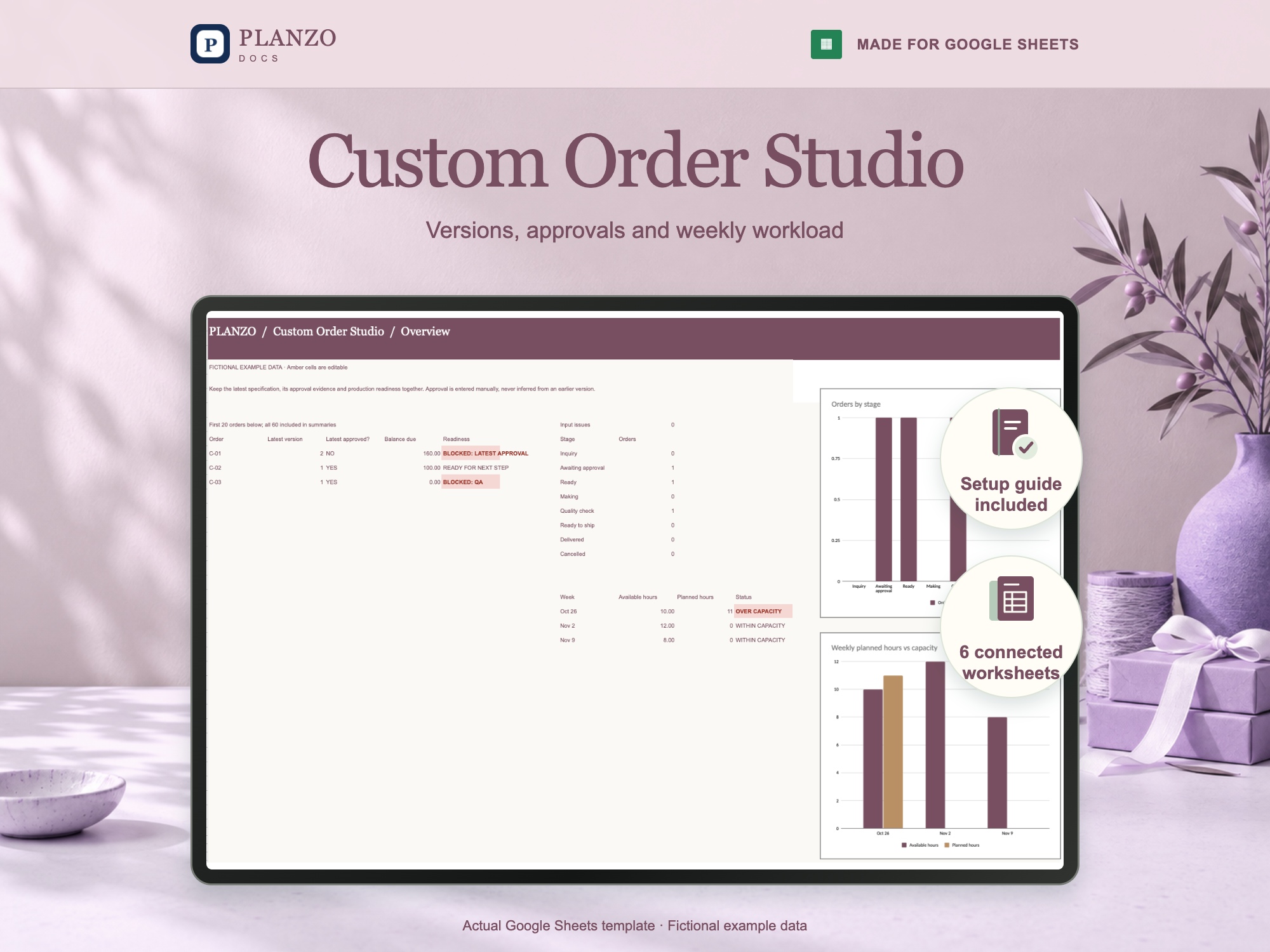 Custom Order Studio Google Sheets template; fictional example data
