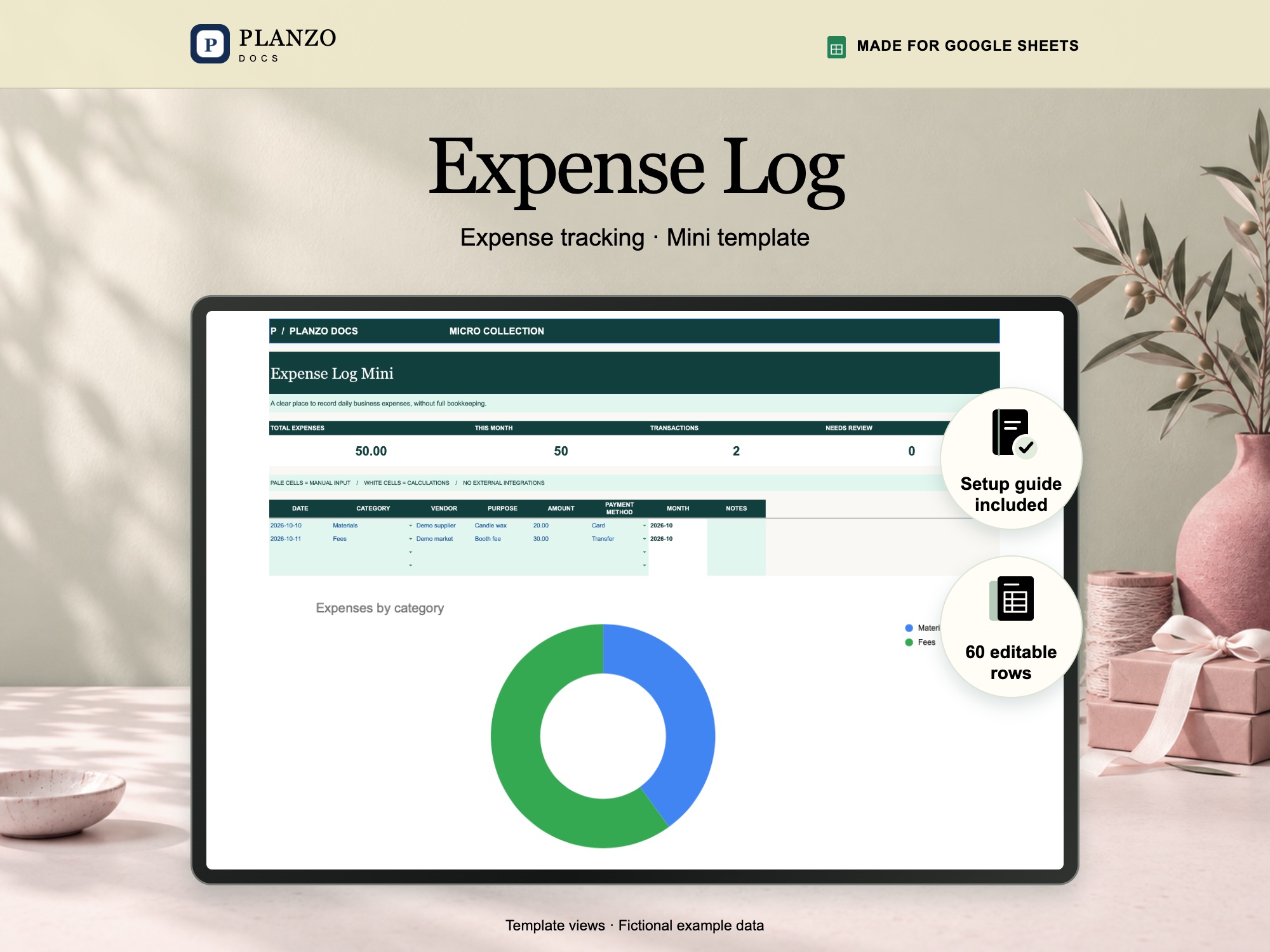 Expense Log Mini Google Sheets template; fictional example data