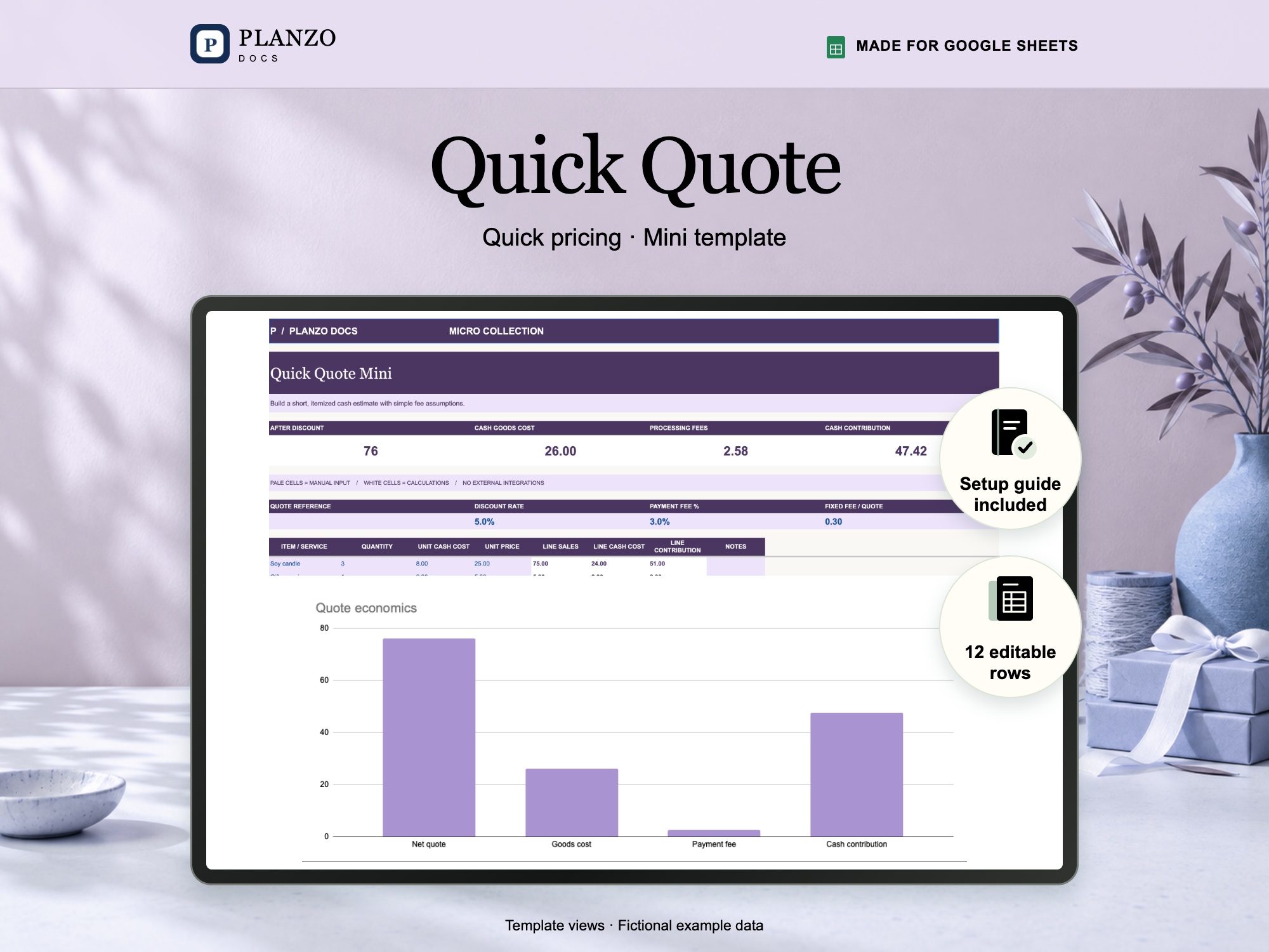 Quick Quote Mini Google Sheets template; fictional example data