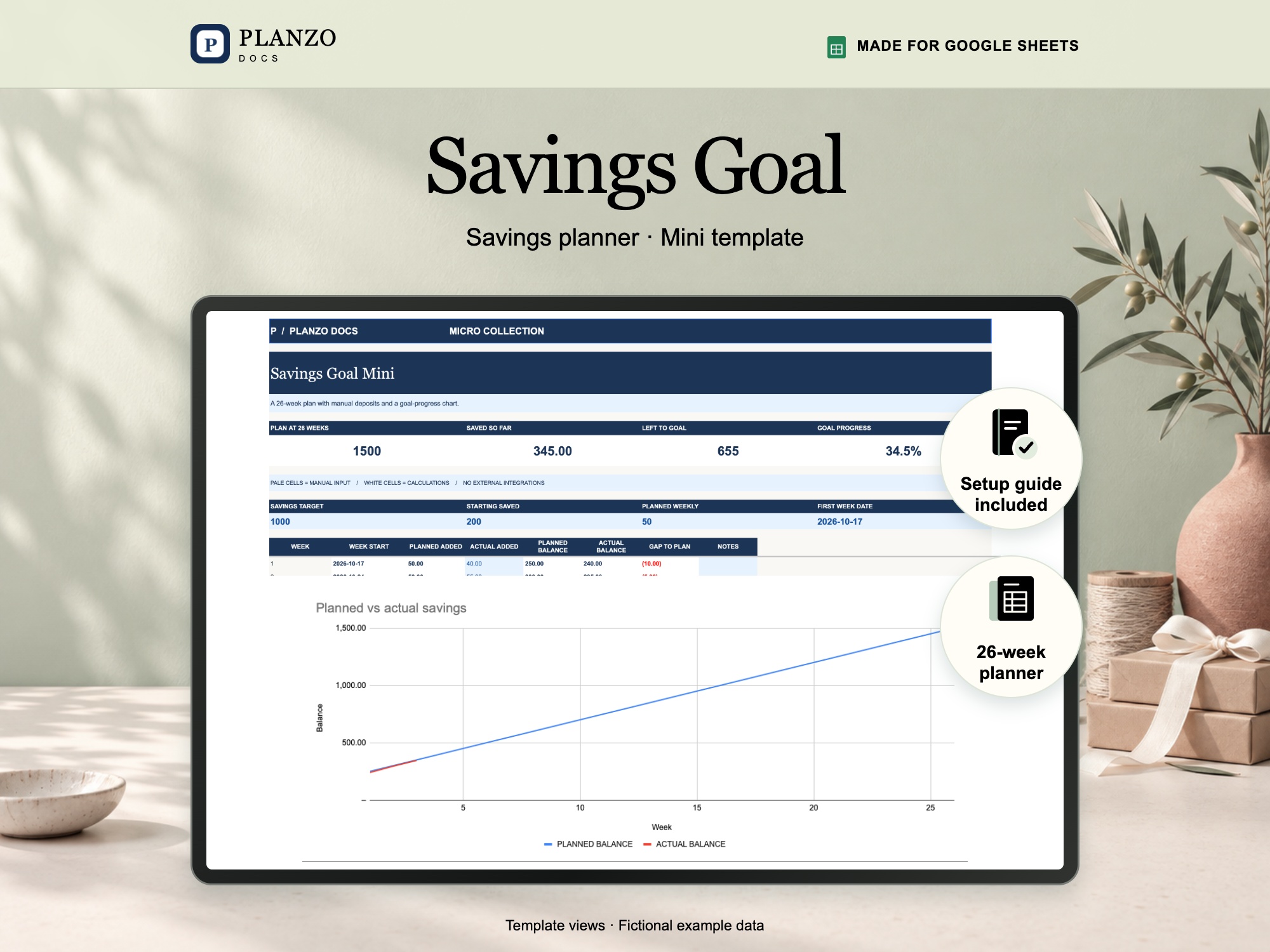 Savings Goal Mini Google Sheets template; fictional example data