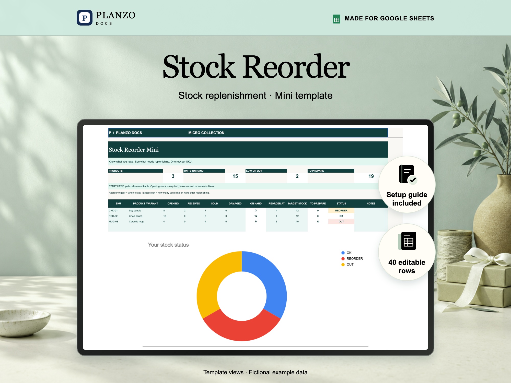 Stock Reorder Mini Google Sheets template; fictional example data