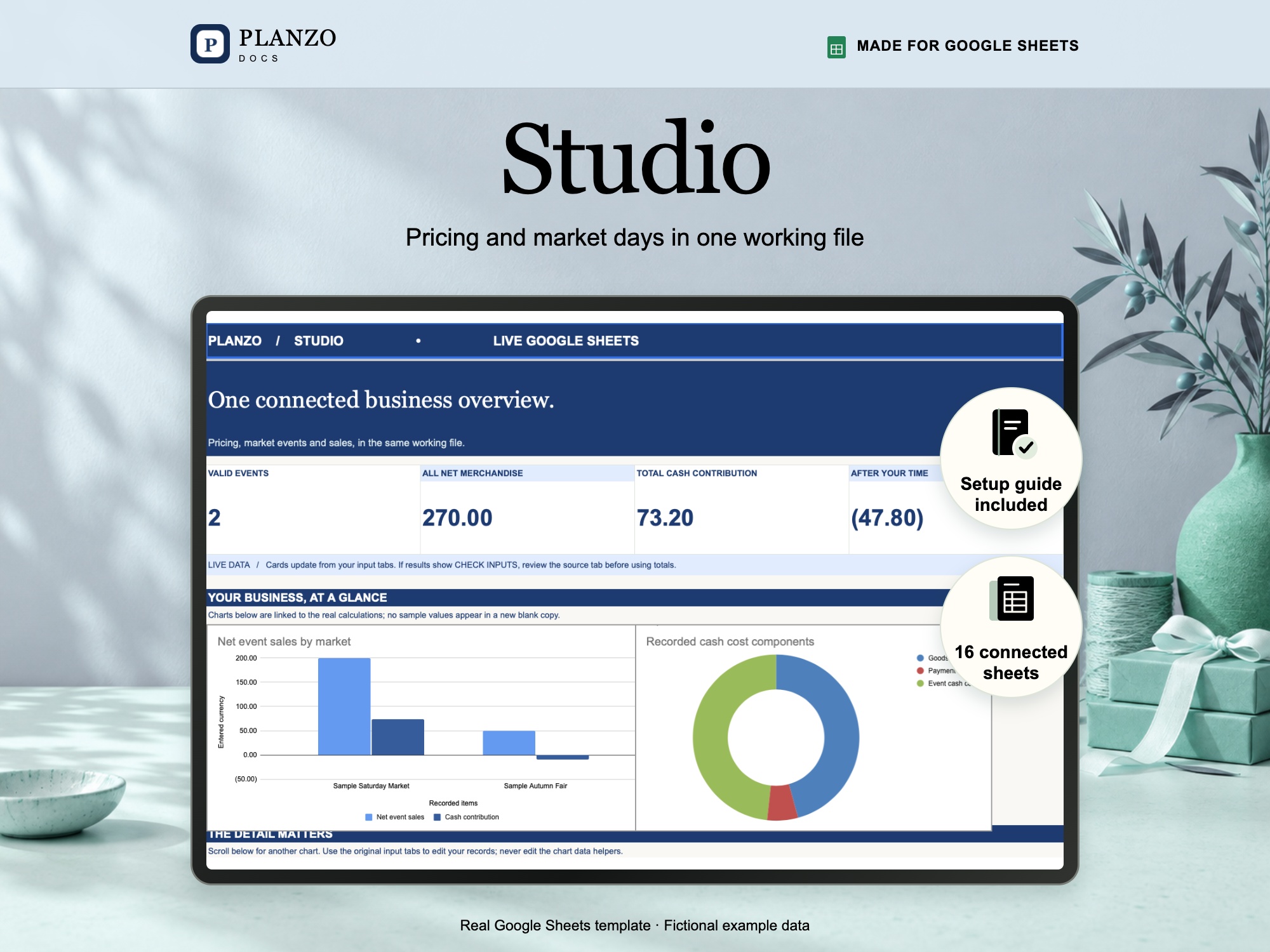 Studio Google Sheets template; fictional example data