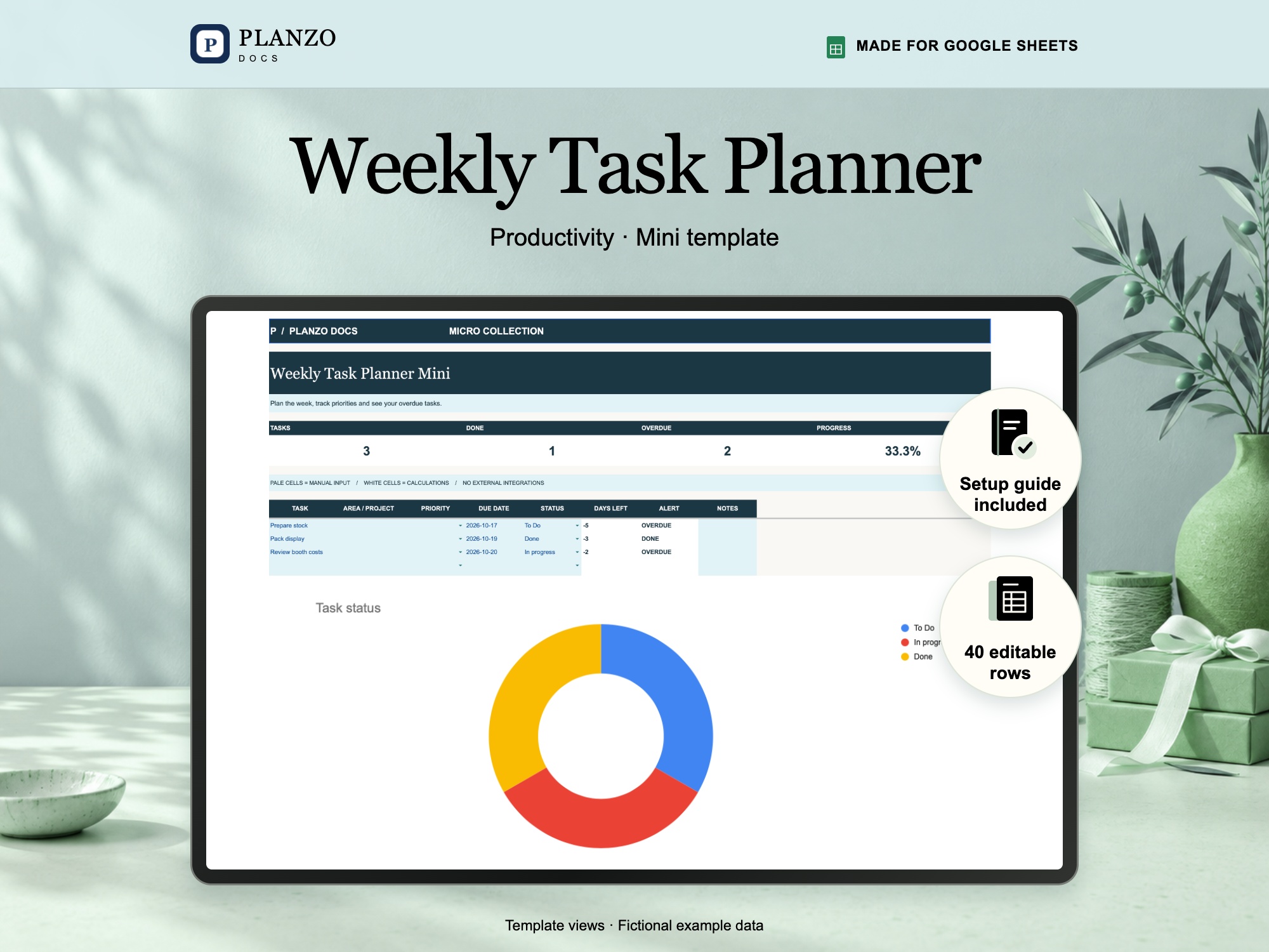 Weekly Task Planner Google Sheets template; fictional example data